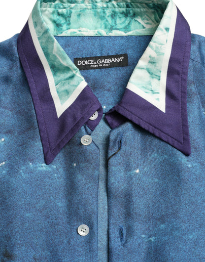 Dolce &amp; Gabbana – Button-Down-Hemd aus Seide mit blauem Ozean-Print und Kragen