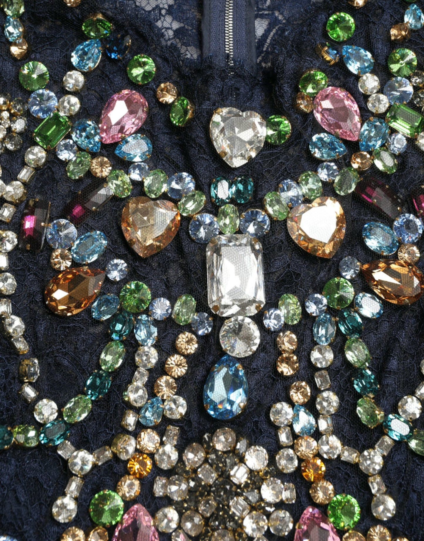 Dolce &amp; Gabbana – Langes Kleid aus blauer, geblümter Spitze mit Kristallen