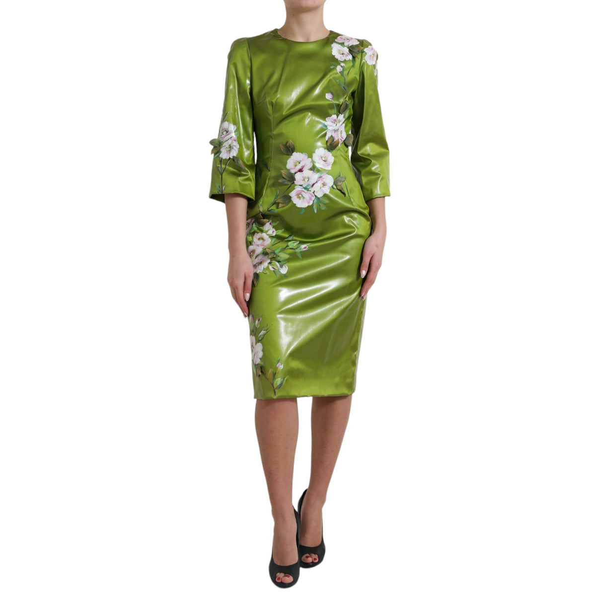 Dolce &amp; Gabbana – Grünes, mit Blumen verziertes Etui-Midikleid