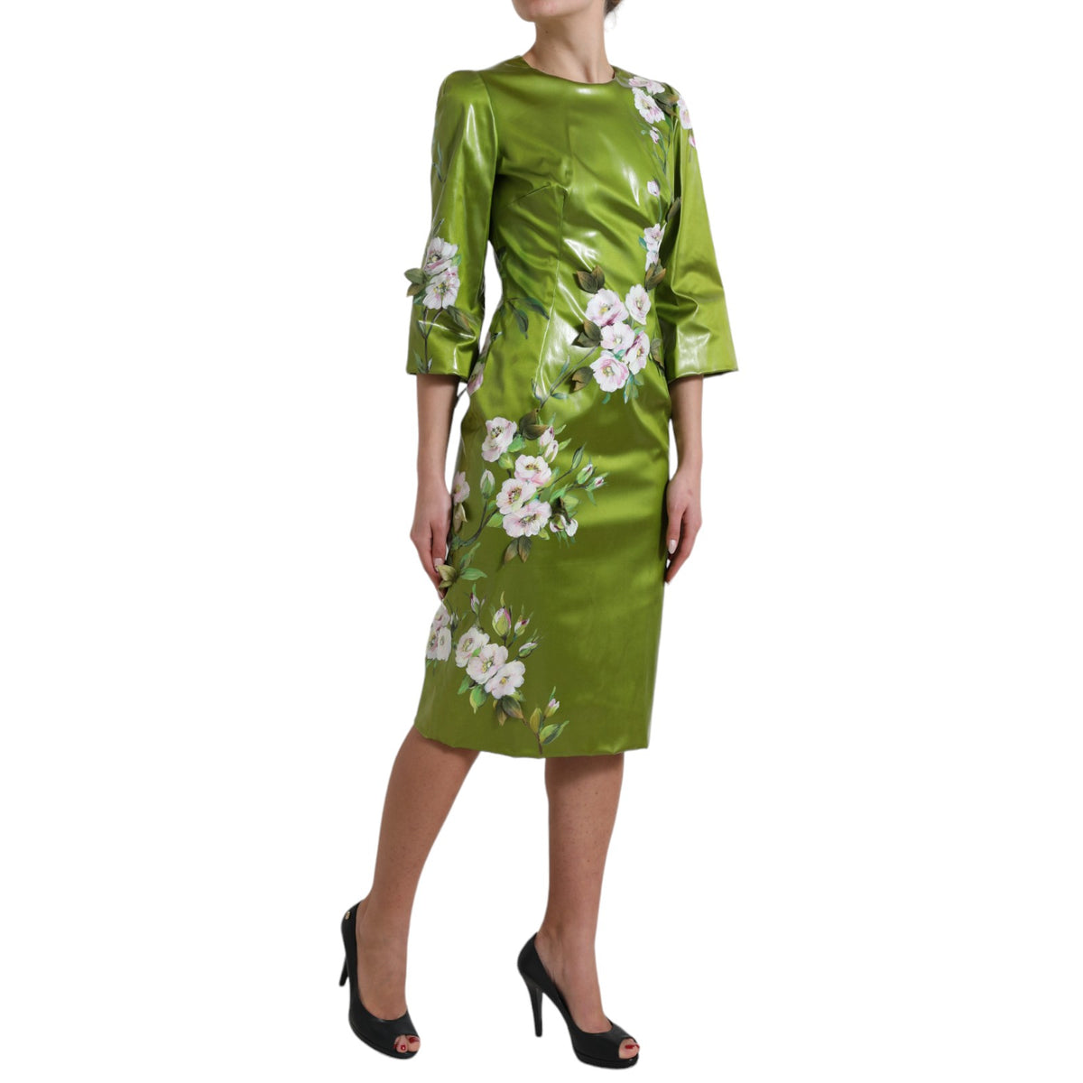 Dolce &amp; Gabbana – Grünes, mit Blumen verziertes Etui-Midikleid