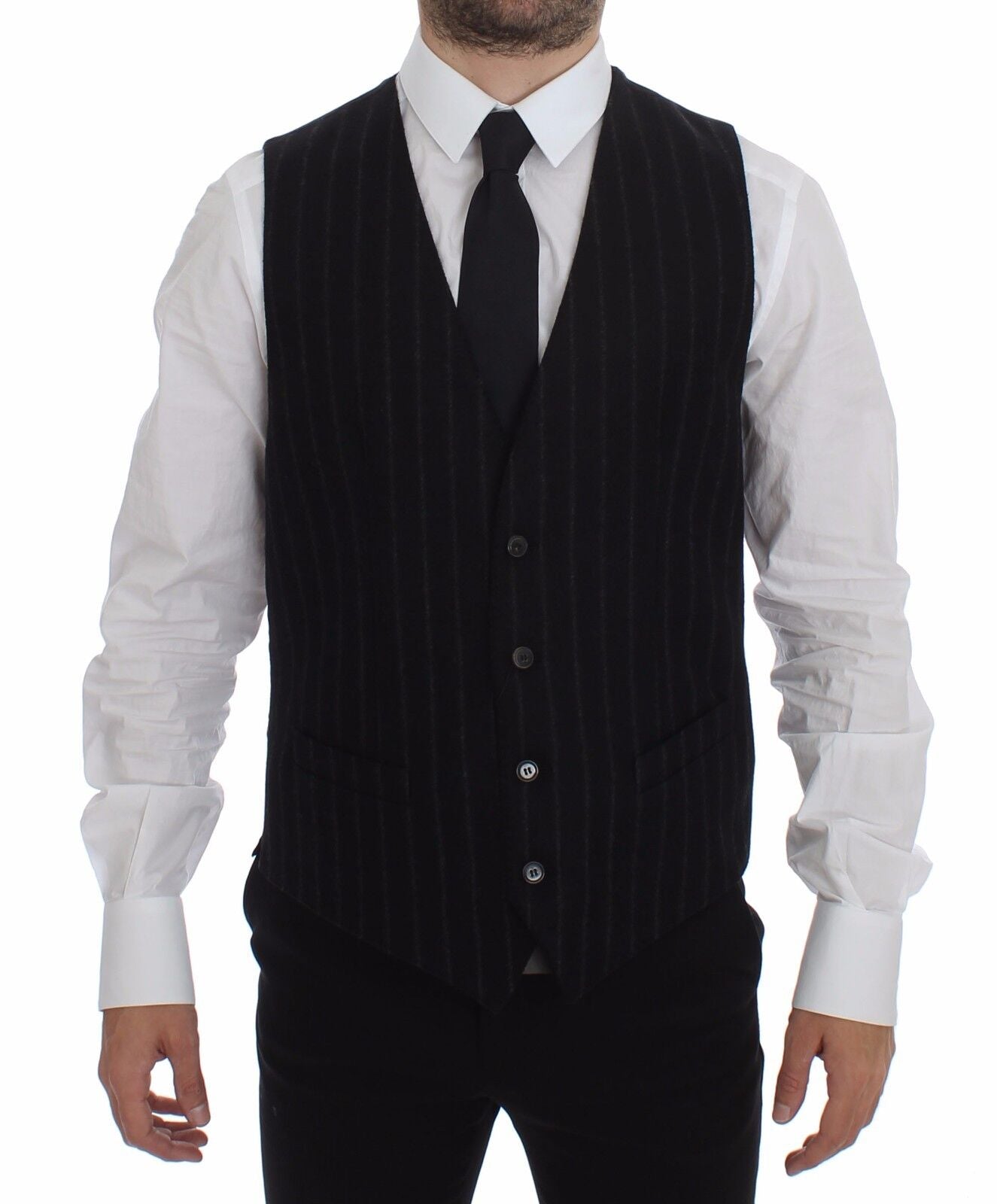 Dolce &amp; Gabbana – Schwarze Weste aus gestreifter Wolle mit Logo