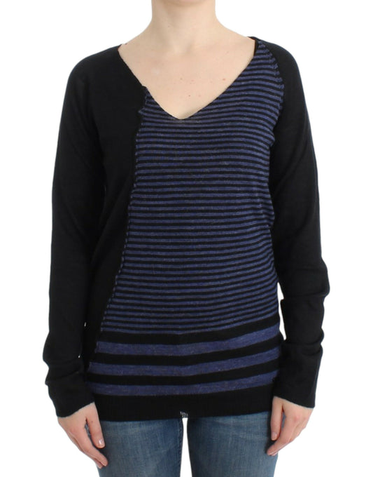 Costume National – Schwarz gestreifter Pullover mit V-Ausschnitt