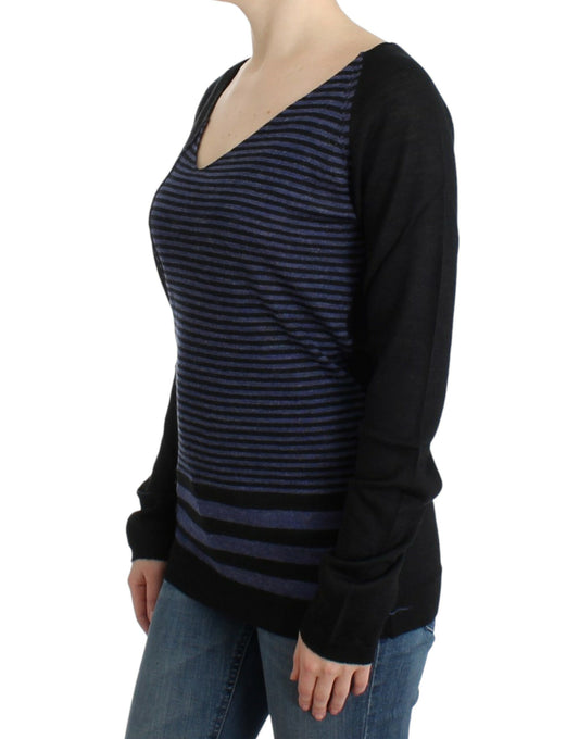 Costume National – Schwarz gestreifter Pullover mit V-Ausschnitt