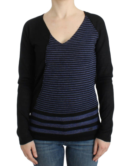 Costume National – Schwarz gestreifter Pullover mit V-Ausschnitt