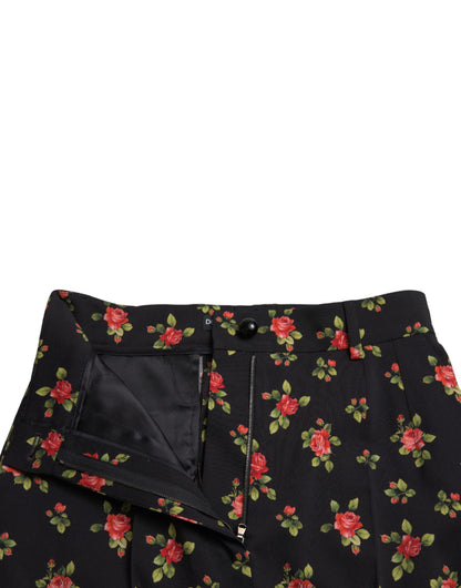 Dolce &amp; Gabbana – Schwarze, hoch taillierte Karottenhose aus Wolle mit Blumenmuster
