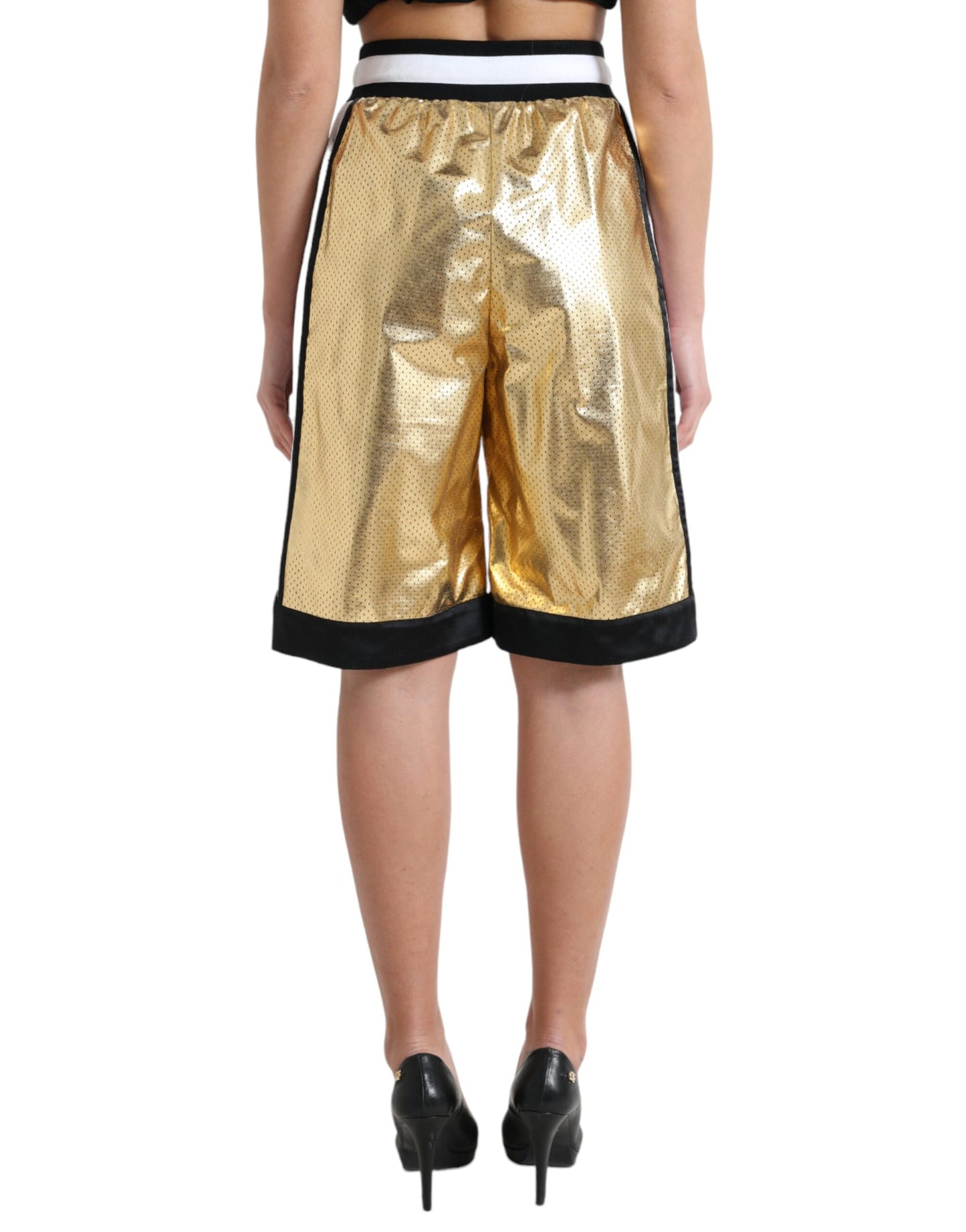 Dolce &amp; Gabbana – Shorts aus perforiertem Polyester mit hoher Taille in Gold