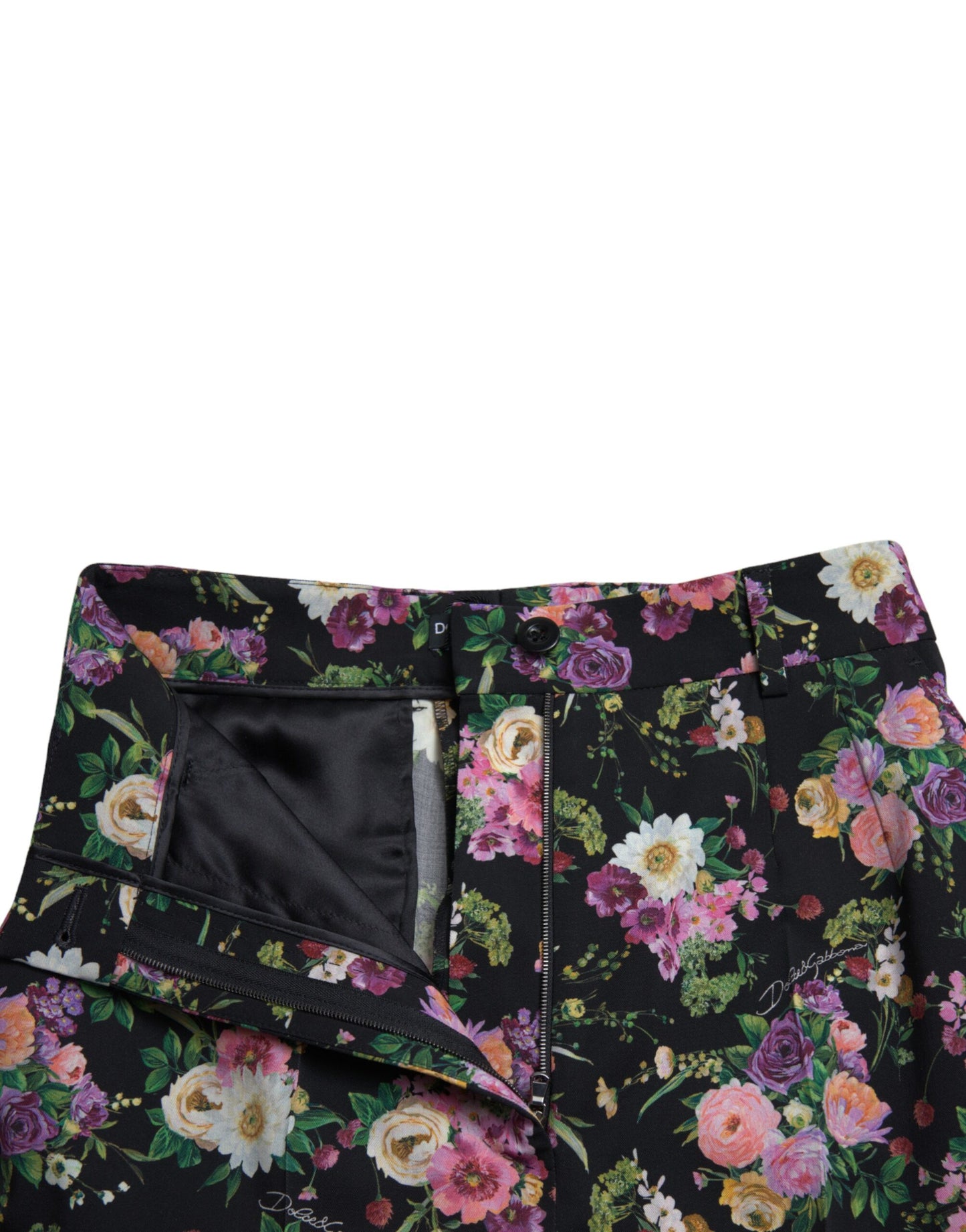 Dolce &amp; Gabbana – Schwarze Wollhose mit Blumenmuster und hoher Taille und weitem Bein