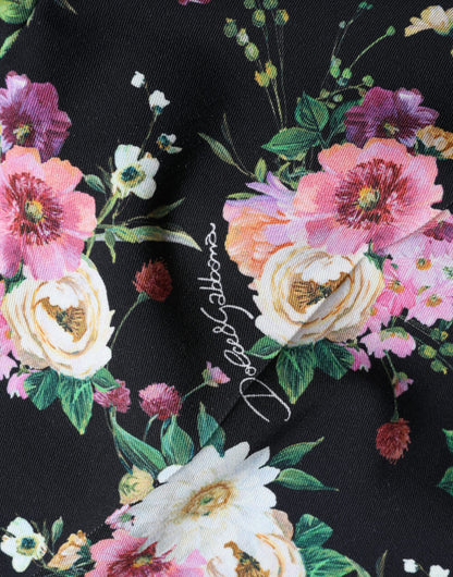 Dolce &amp; Gabbana – Schwarze Wollhose mit Blumenmuster und hoher Taille und weitem Bein