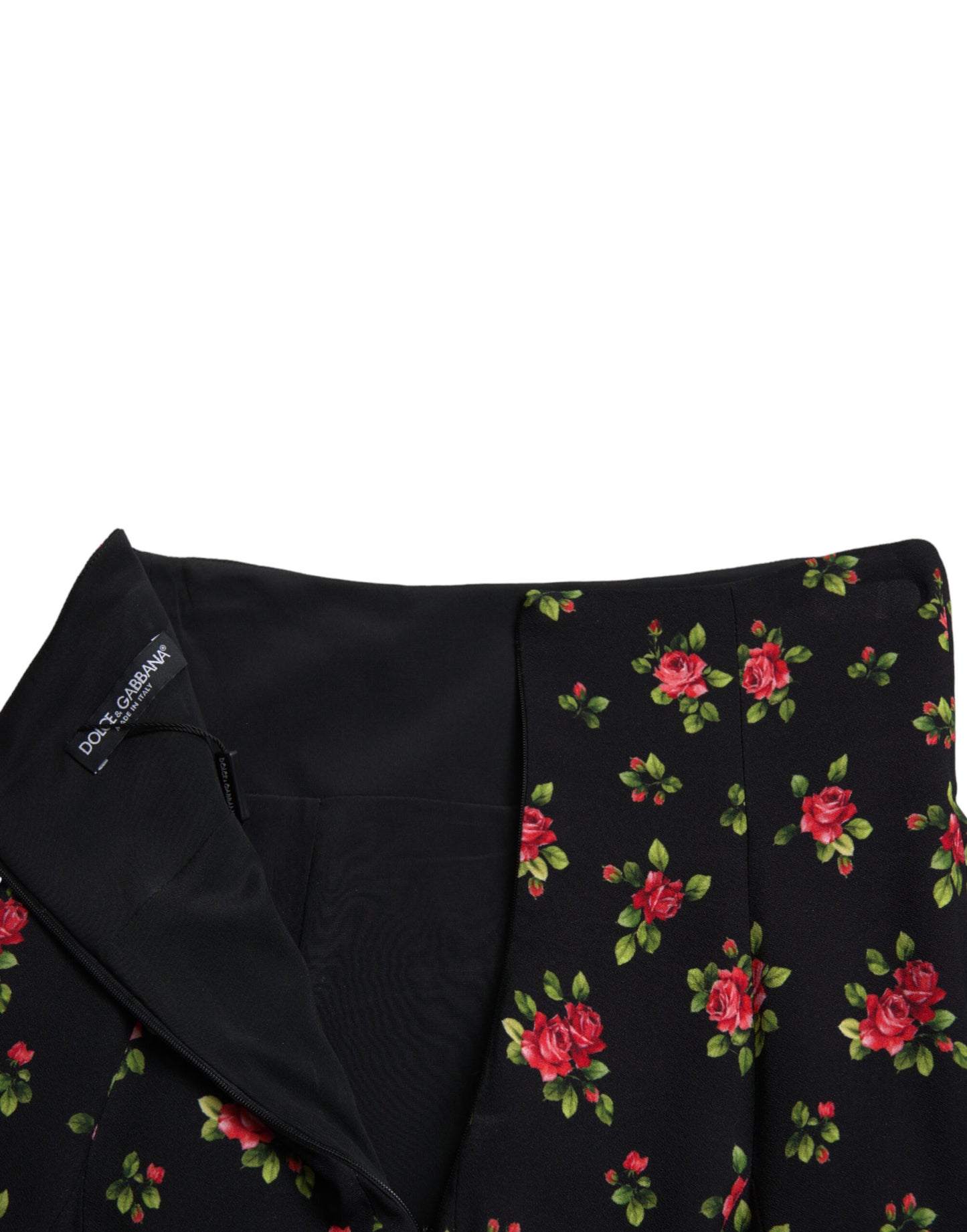 Dolce &amp; Gabbana – Schwarzer Minirock in A-Linie mit hoher Taille und Rosenprint