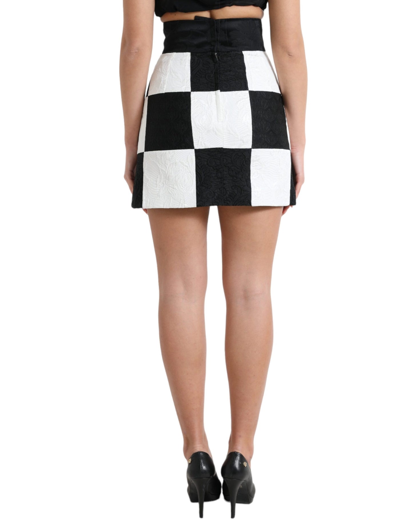 Dolce &amp; Gabbana Schwarz-weißer Brokatrock mit Blumenmuster und hoher Taille