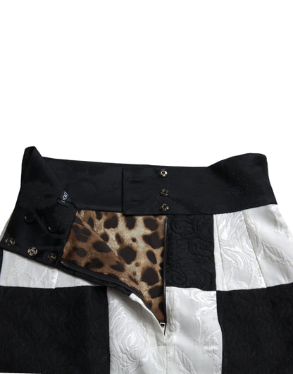 Dolce &amp; Gabbana Schwarz-weißer Brokatrock mit Blumenmuster und hoher Taille