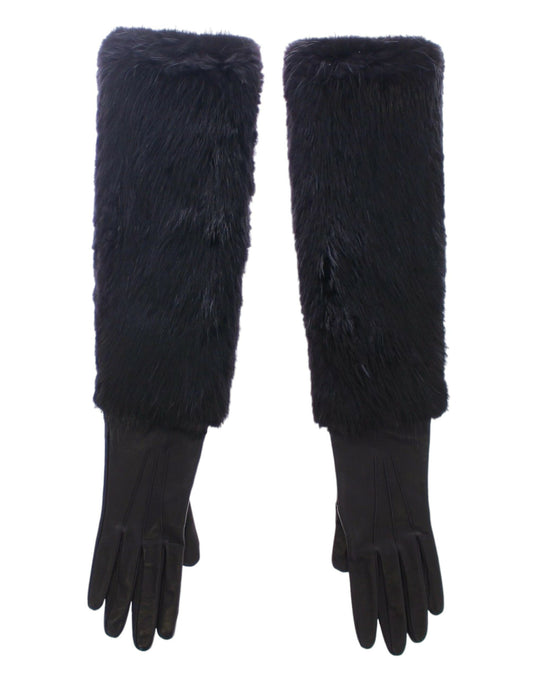 Dolce &amp; Gabbana Schwarze Ellbogenhandschuhe aus Biberfell und Lammleder