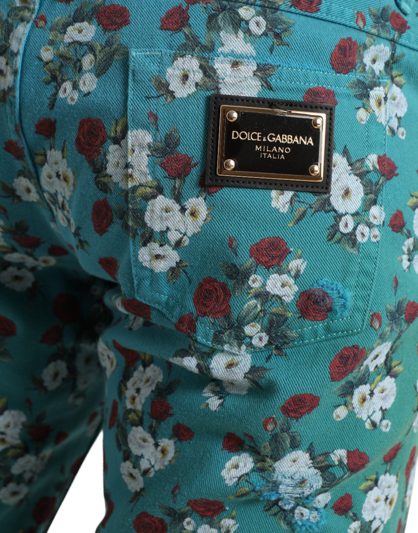 Dolce &amp; Gabbana – Enge Jeanshose aus Baumwolle mit Blumenmuster in Blau