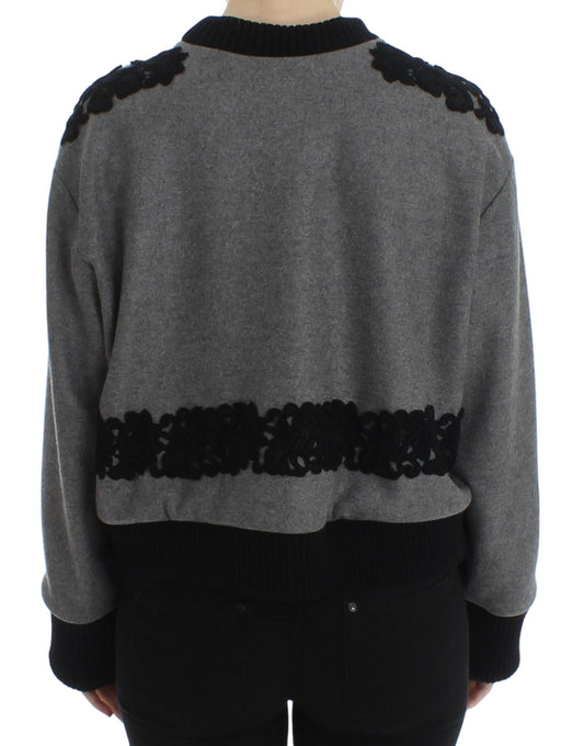 Dolce &amp; Gabbana Grau-schwarzer Woll-Kaschmirpullover mit Spitze