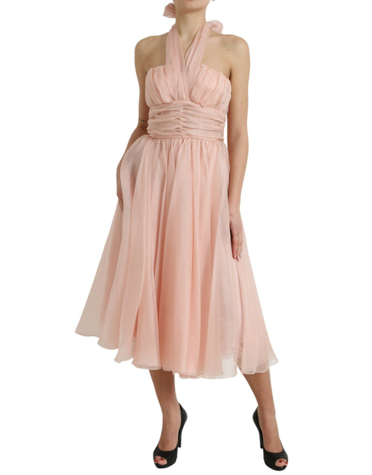 Dolce & Gabbana – Neckholder-Midikleid in A-Linie und mit Plissee in Rosa aus Seidenchiffon