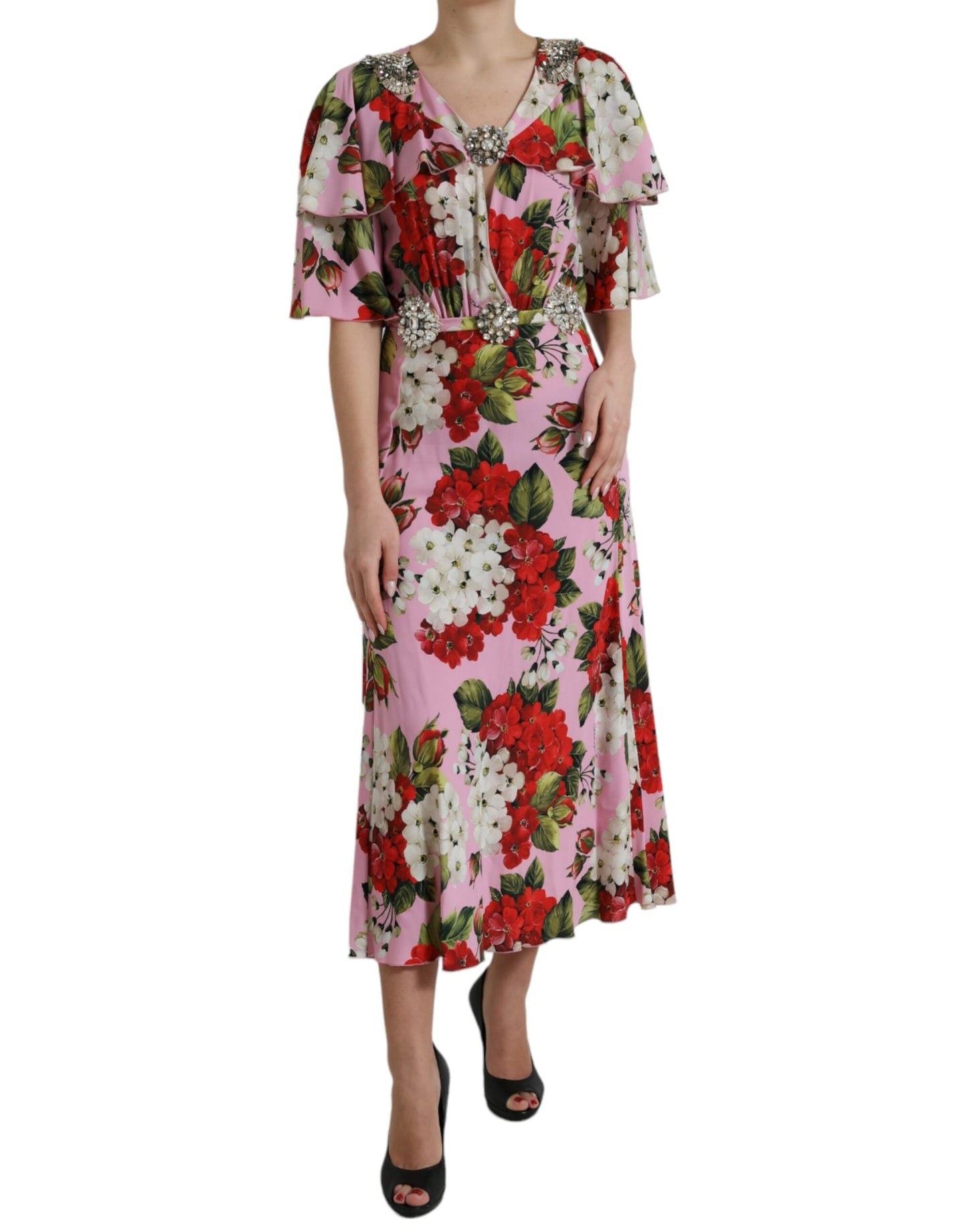 Dolce &amp; Gabbana – A-Linien-Kleid mit mehrfarbigem Blumen- und Kristallverzierung