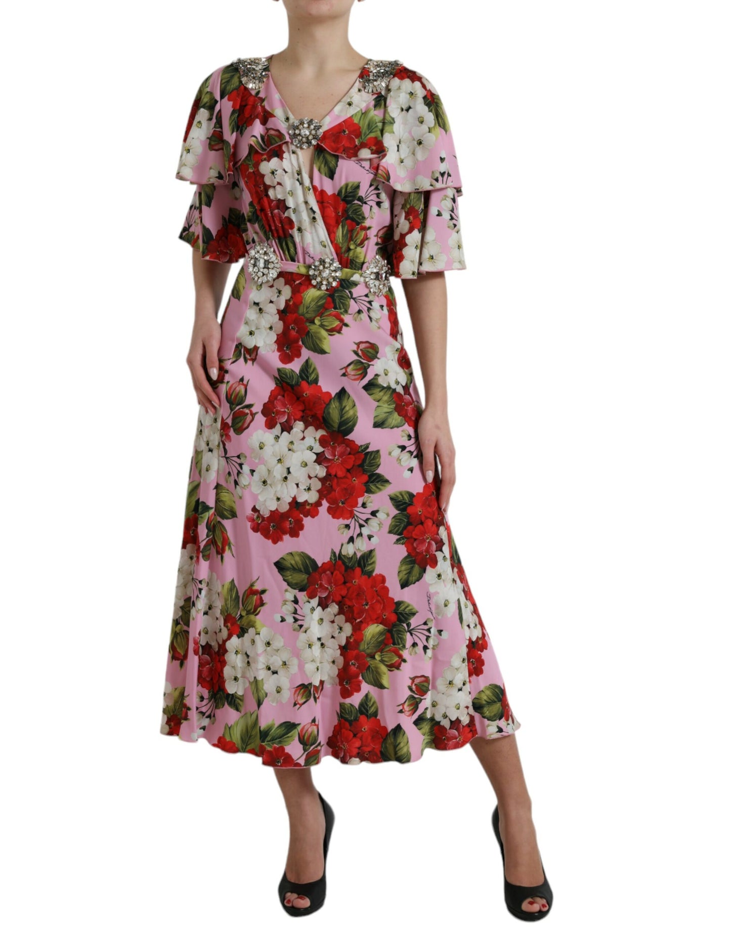 Dolce &amp; Gabbana – A-Linien-Kleid mit mehrfarbigem Blumen- und Kristallverzierung