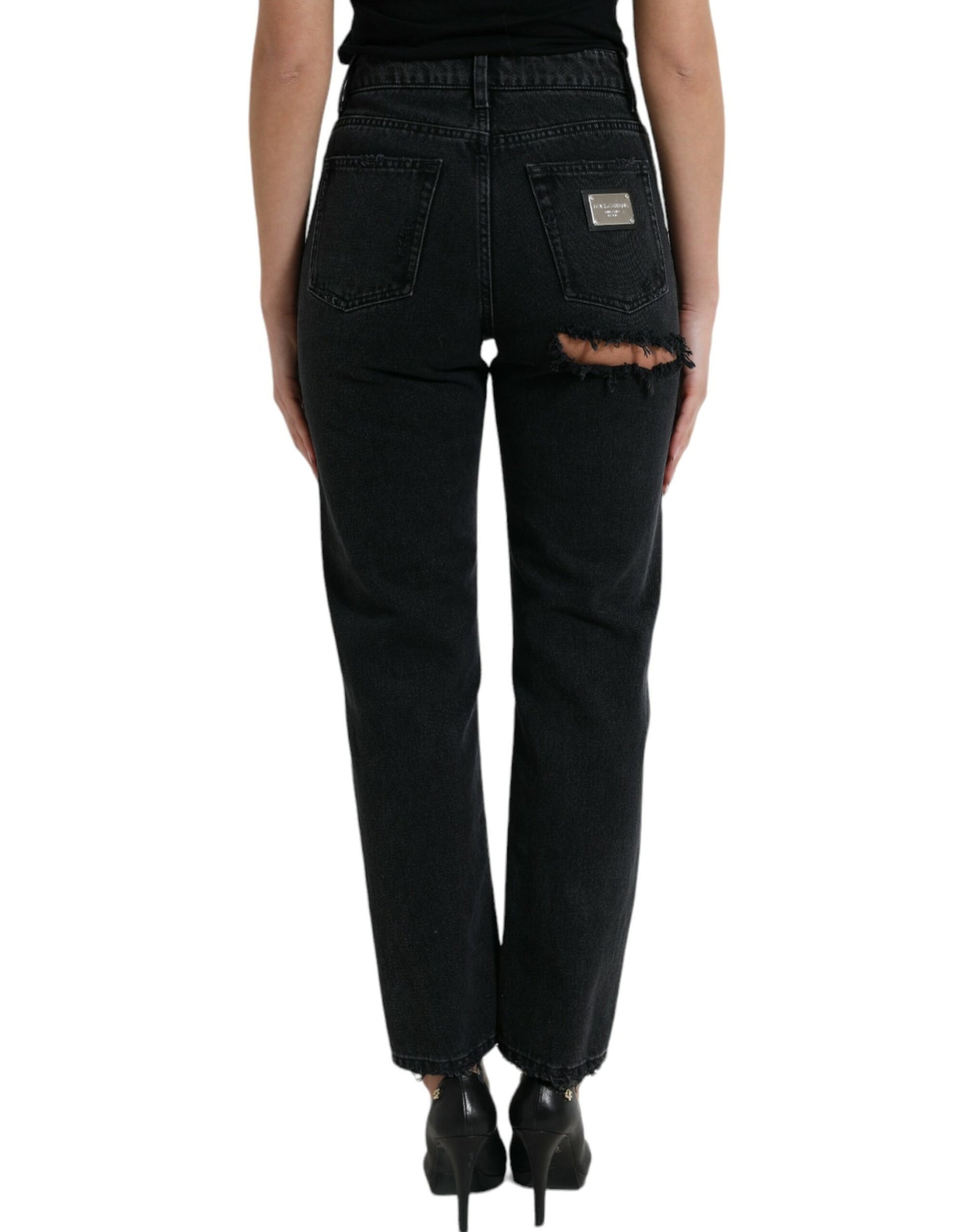 Dolce &amp; Gabbana – Schwarze, zerfetzte Jeans aus Baumwolle mit hoher Taille