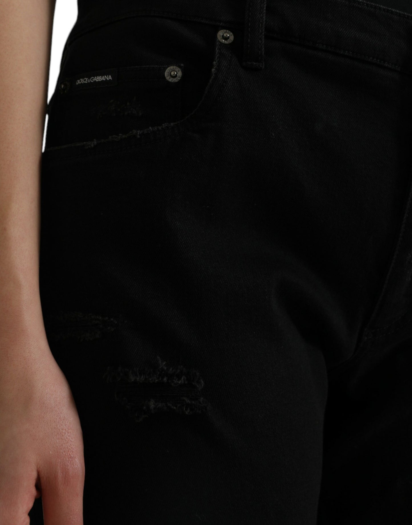 بنطلون جينز ممزق من دولتشي آند غابانا، أسود، من القطن، بخصر مرتفع