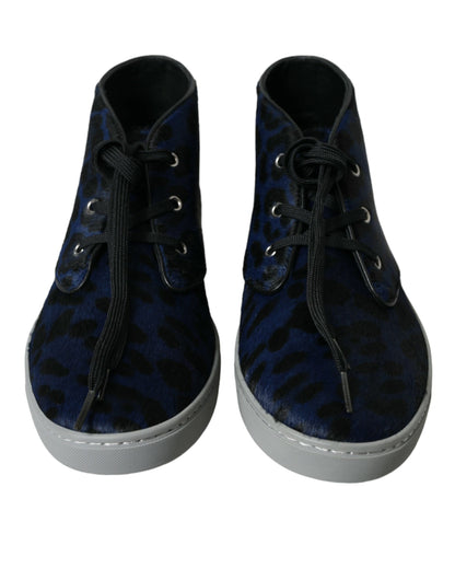 Dolce &amp; Gabbana – Blaue Sneakers aus Kalbsleder mit Leopardenmuster