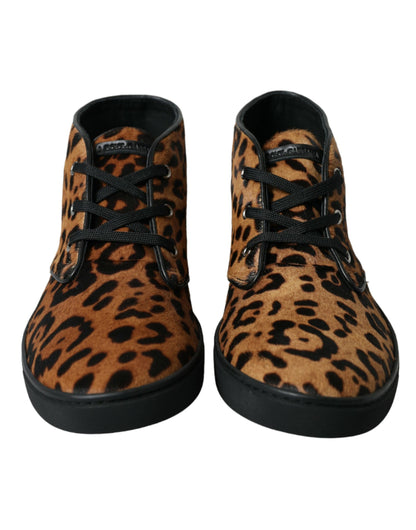 Dolce &amp; Gabbana Braune Sneakers aus Ponyhaarleder mit Leopardenmuster