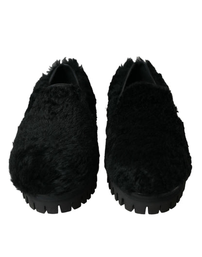 Dolce &amp; Gabbana Schwarze Pelz-Leder-Slipper-Abendschuhe