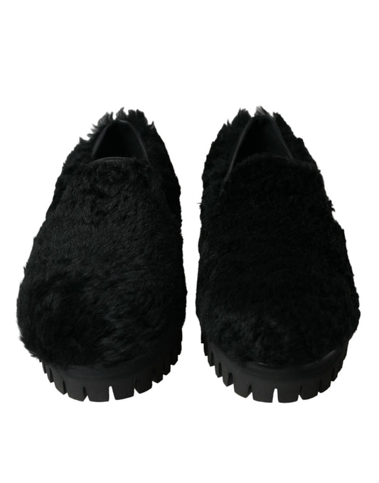 Dolce &amp; Gabbana Schwarze Pelz-Leder-Slipper-Abendschuhe