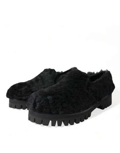 Dolce &amp; Gabbana Schwarze Pelz-Leder-Slipper-Abendschuhe