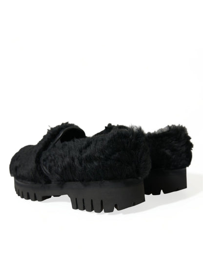 Dolce &amp; Gabbana Schwarze Pelz-Leder-Slipper-Abendschuhe
