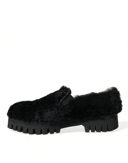 Dolce &amp; Gabbana Schwarze Pelz-Leder-Slipper-Abendschuhe