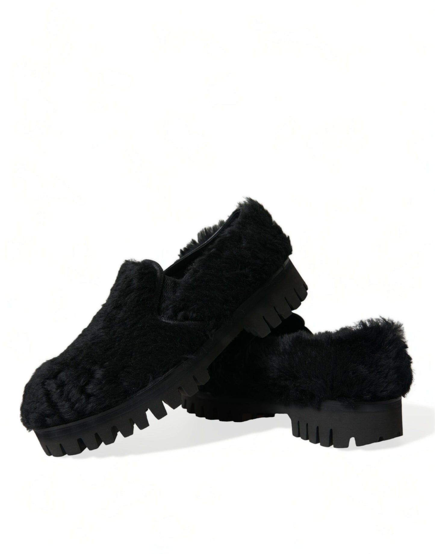 Dolce &amp; Gabbana Schwarze Pelz-Leder-Slipper-Abendschuhe