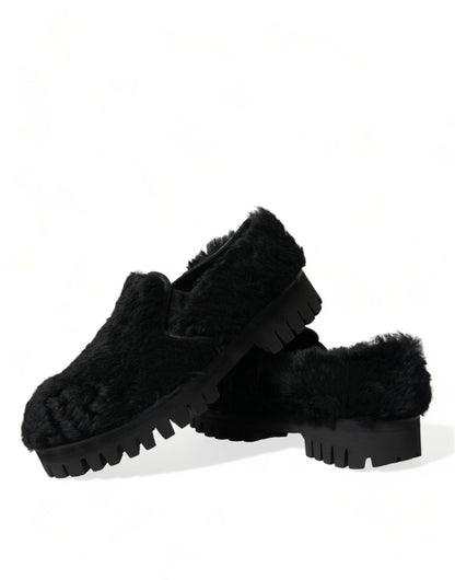 Dolce &amp; Gabbana Schwarze Pelz-Leder-Slipper-Abendschuhe