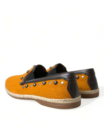 Dolce &amp; Gabbana – Orangefarbene Loafer aus Leinen und Leder mit Nieten