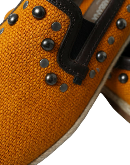 Dolce &amp; Gabbana – Orangefarbene Loafer aus Leinen und Leder mit Nieten