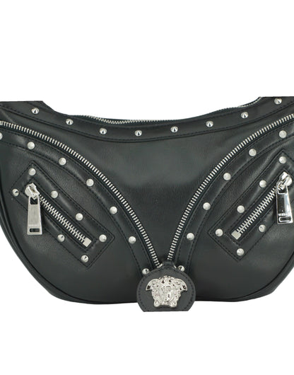 Versace Elegante Hobo-Umhängetasche aus schwarzem Leder