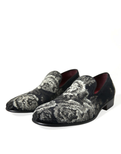 Dolce &amp; Gabbana Schwarze Hausschuhe mit Blumenmuster Herren Halbschuhe Abendschuhe