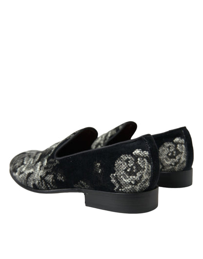 Dolce &amp; Gabbana Schwarze Hausschuhe mit Blumenmuster Herren Halbschuhe Abendschuhe