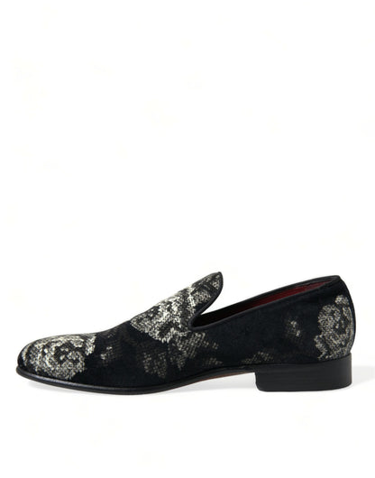 Dolce &amp; Gabbana Schwarze Hausschuhe mit Blumenmuster Herren Halbschuhe Abendschuhe