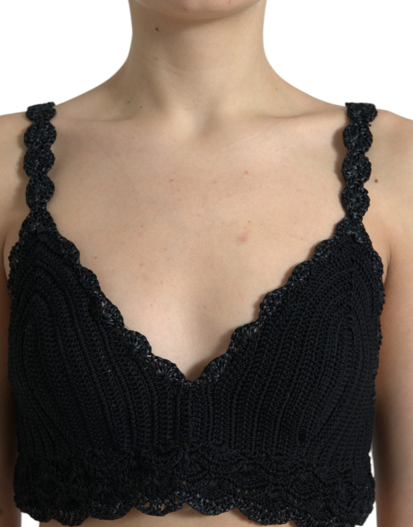 Dolce &amp; Gabbana – Schwarzes, kurzes Bustier-Tanktop aus Baumwolle mit Häkelmuster