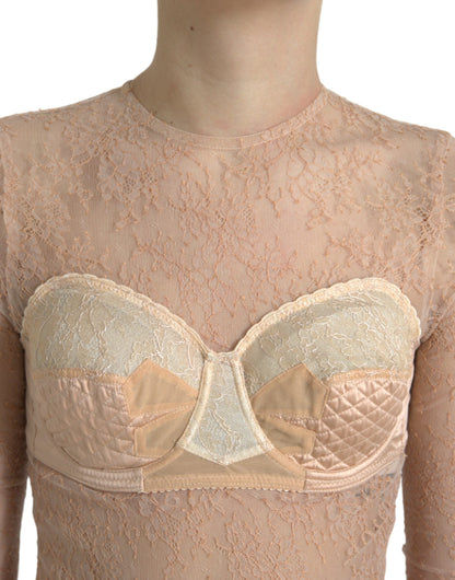 Dolce &amp; Gabbana – Kurzes Bustier-Top aus Nylon mit Blumenspitze in Beige
