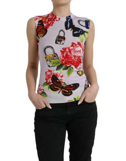 Dolce &amp; Gabbana Tanktop mit mehrfarbigem Blumenmuster und Vorhängeschloss und Schmetterling