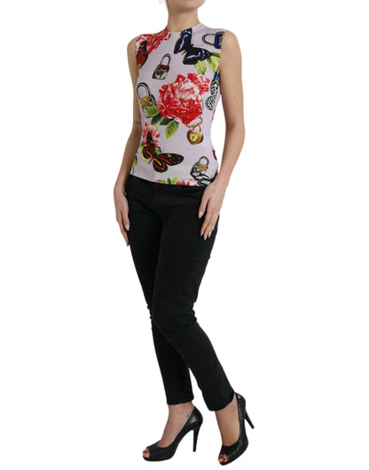 Dolce &amp; Gabbana Tanktop mit mehrfarbigem Blumenmuster und Vorhängeschloss und Schmetterling