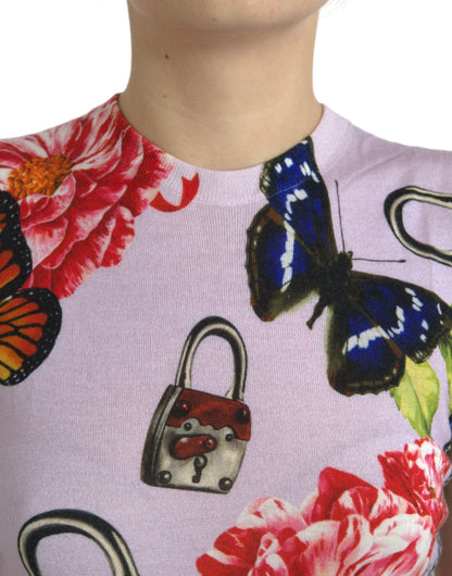 Dolce &amp; Gabbana Tanktop mit mehrfarbigem Blumenmuster und Vorhängeschloss und Schmetterling