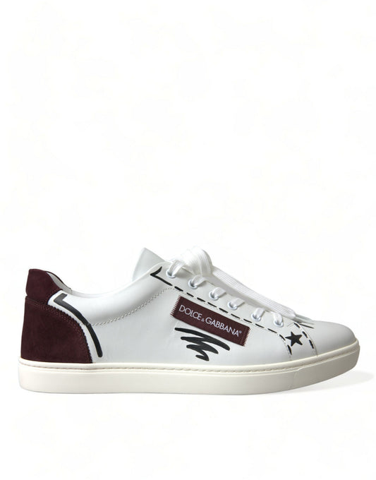 Dolce &amp; Gabbana Weiß Bordeaux Leder Logo Low Top Sneakers Schuhe