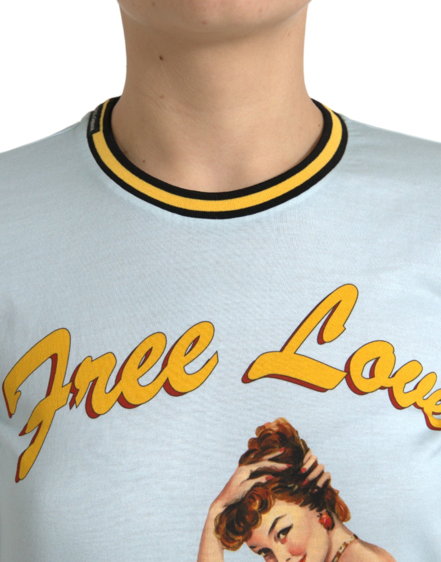 Dolce &amp; Gabbana – Hellblaues T-Shirt „Free Love“ aus Baumwolle mit Rundhalsausschnitt
