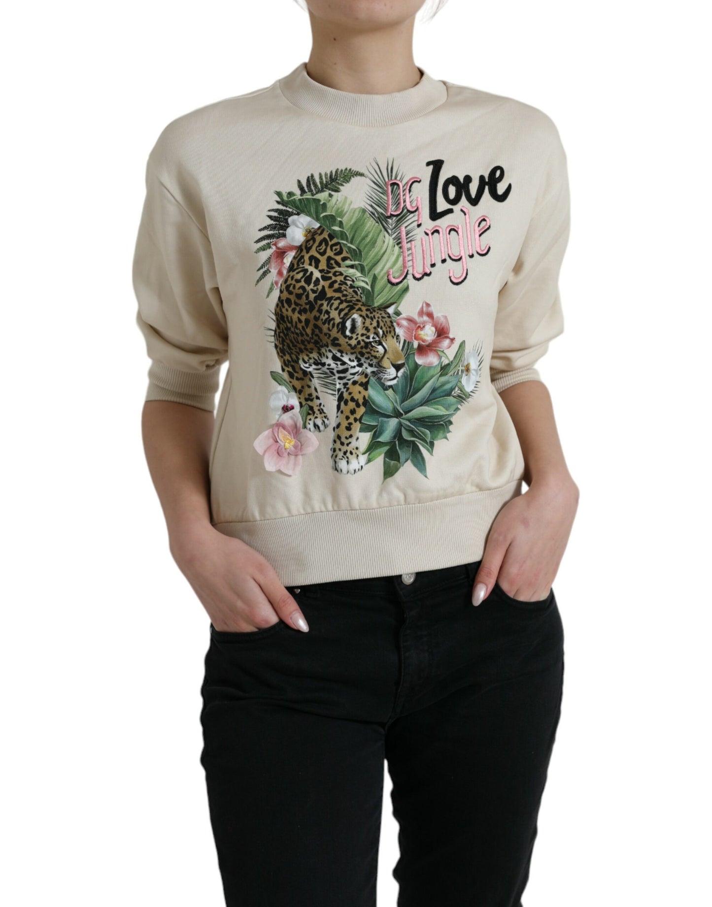 Dolce &amp; Gabbana Beige Pullover aus Baumwolle mit Dschungel-Print