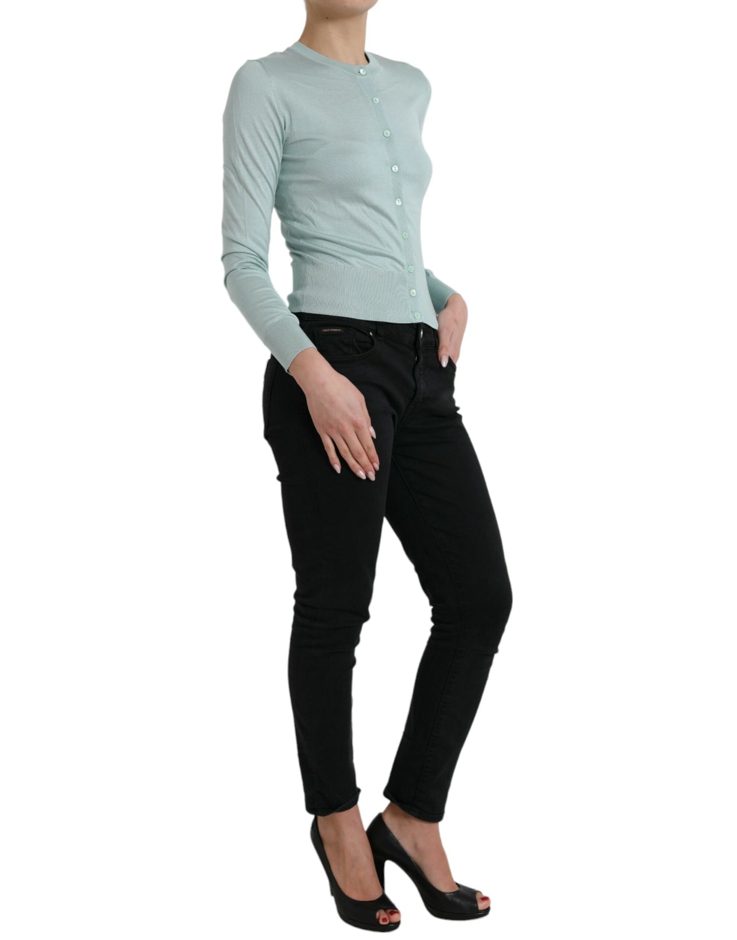 سترة كارديجان من دولتشي آند غابانا باللون الأزرق الفاتح من الحرير بياقة دائرية