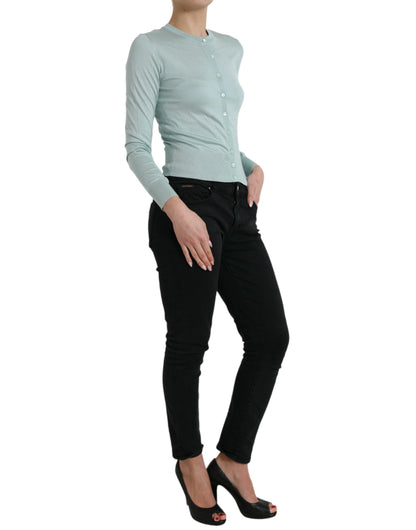 سترة كارديجان من دولتشي آند غابانا باللون الأزرق الفاتح من الحرير بياقة دائرية