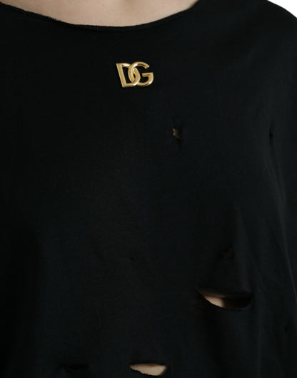 Dolce &amp; Gabbana – Schwarzes Tanktop aus Baumwolle mit Schnürung und Rundhalsausschnitt und Logo