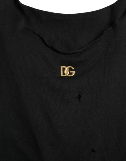Dolce &amp; Gabbana – Schwarzes Tanktop aus Baumwolle mit Schnürung und Rundhalsausschnitt und Logo